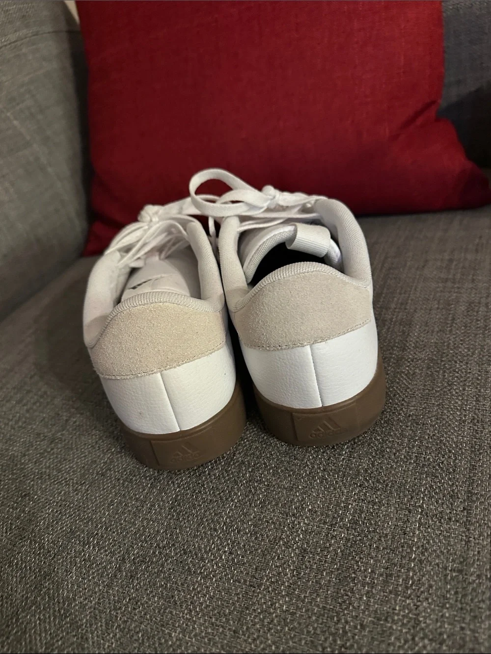 adidas White Sneakers with Black Stripes and Brown Sole